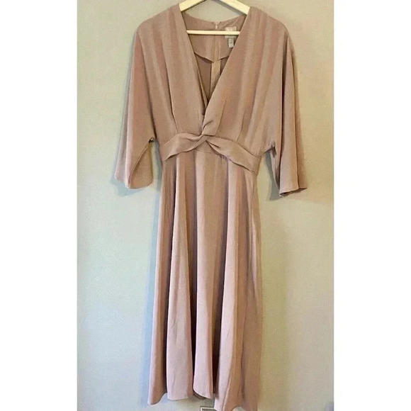 Asos Dress Woman's Size 4 Dusty Rose Bat Wing 3/4 Sleeve V-Neck Knee Length - Picture 1 of 12